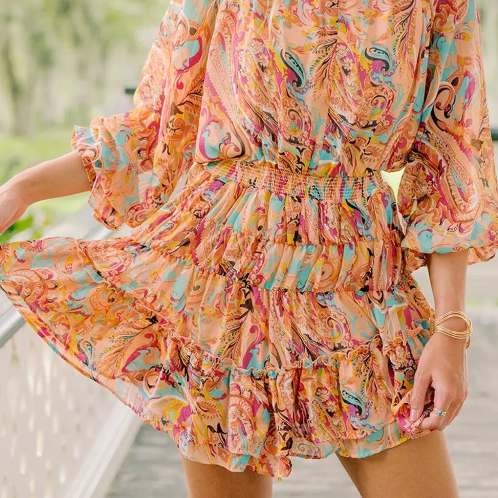 Multicolour Paisley Print Frilled Mini Dress - Picture 4 of 7